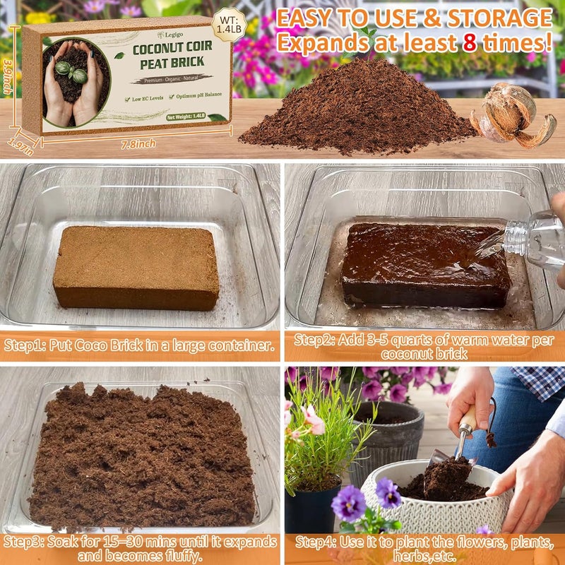 Legigo 4 Pack Premium Coco Coir Brick for Plants- 100% Organic Compressed Coconut Coir Bricks Starting Mix, Coco Coir Fiber Coconut Husk for Planting, Gardening, Potting Soil Substrate, Herbs - Image 4